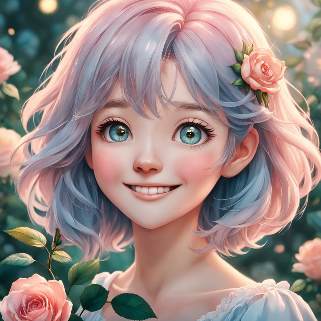 Pastel Anime Portrait of a Whimsical Woman Holding a Rose