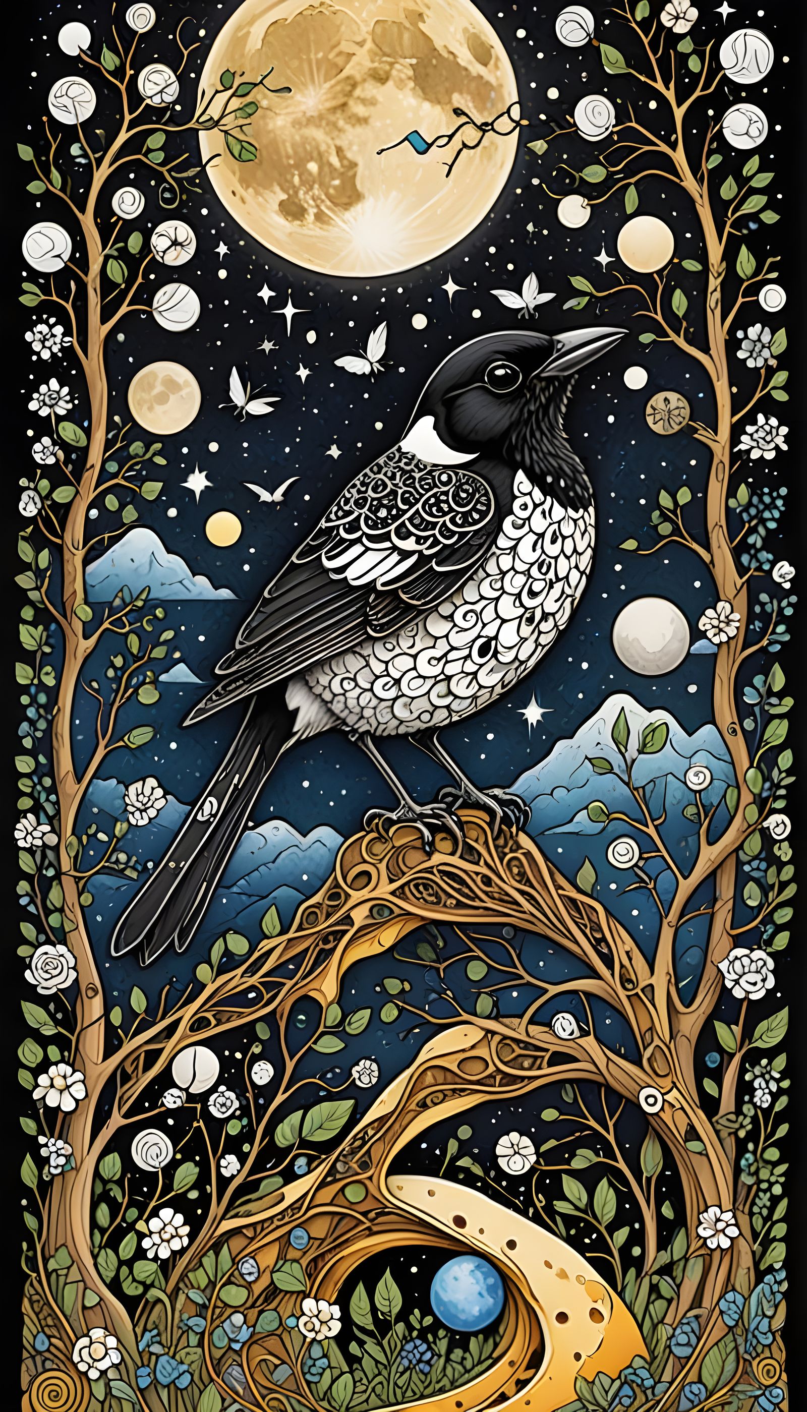 Magpie Moon in Vibrant Fracture Art