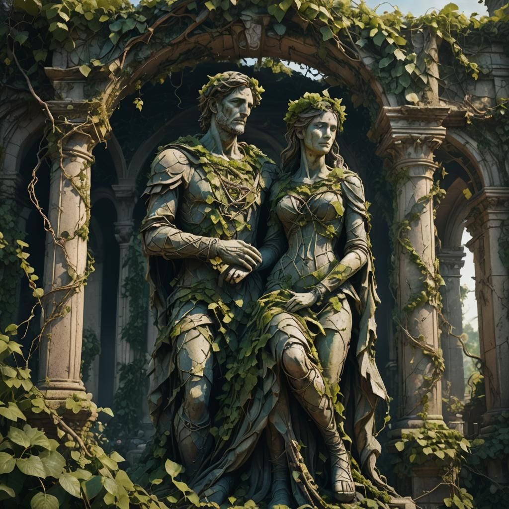 Vines Enshroud Crumbling Lovers Statue