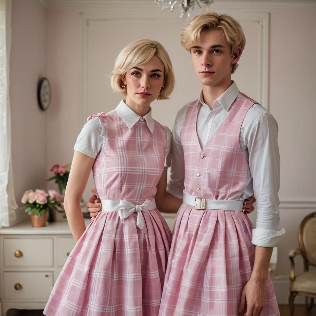 Young Woman and Crossdressing Man in Dining Room