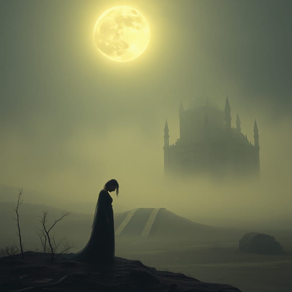 Ethereal Figure in Desolate Moonlit Landscape