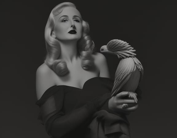 Film Noir Portrait of a Woman with Falcon Statuette