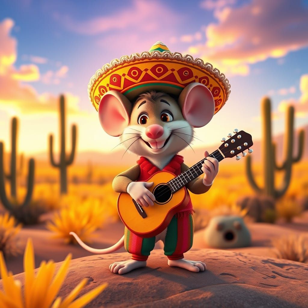 Cartoon Mouse Charro Plays Vihuela in Desert Landscape