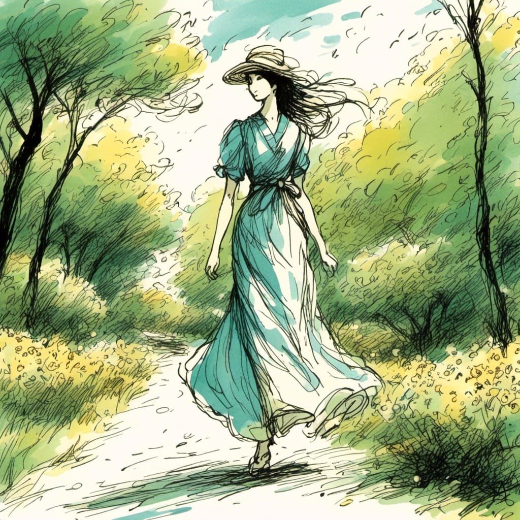 Woman Walking in Park: Manga Style Illustration