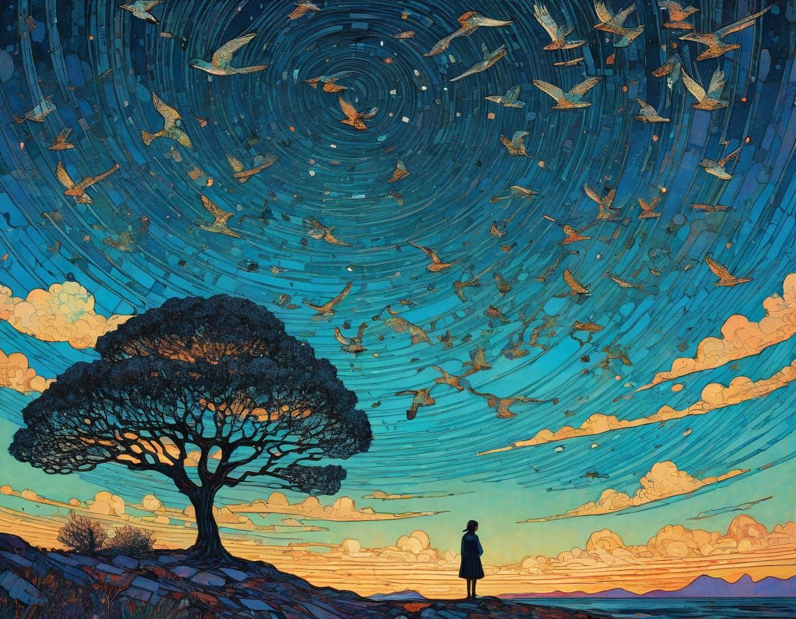 Woman Flying With Birds, Inspired by Impressionist and Art N...