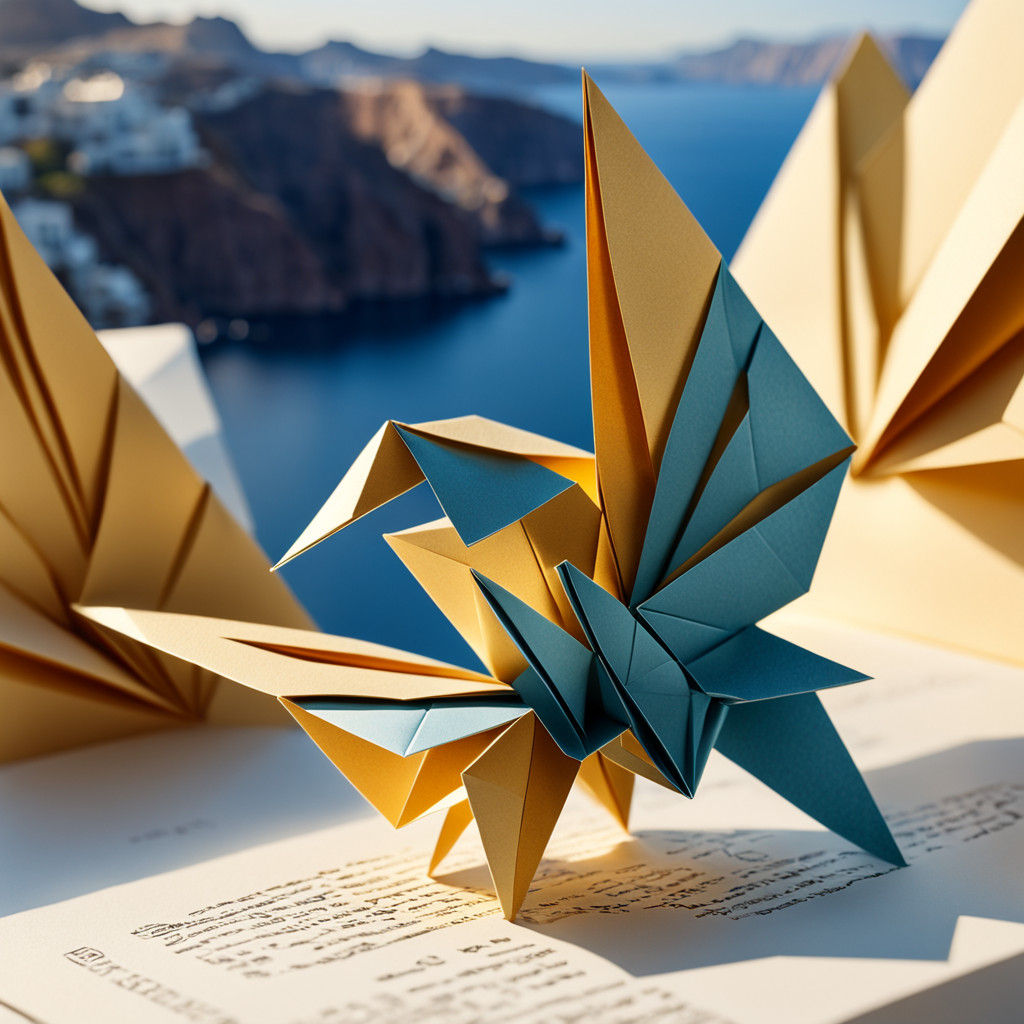 Santorini Origami Paper Craft in Gentle Golden Light