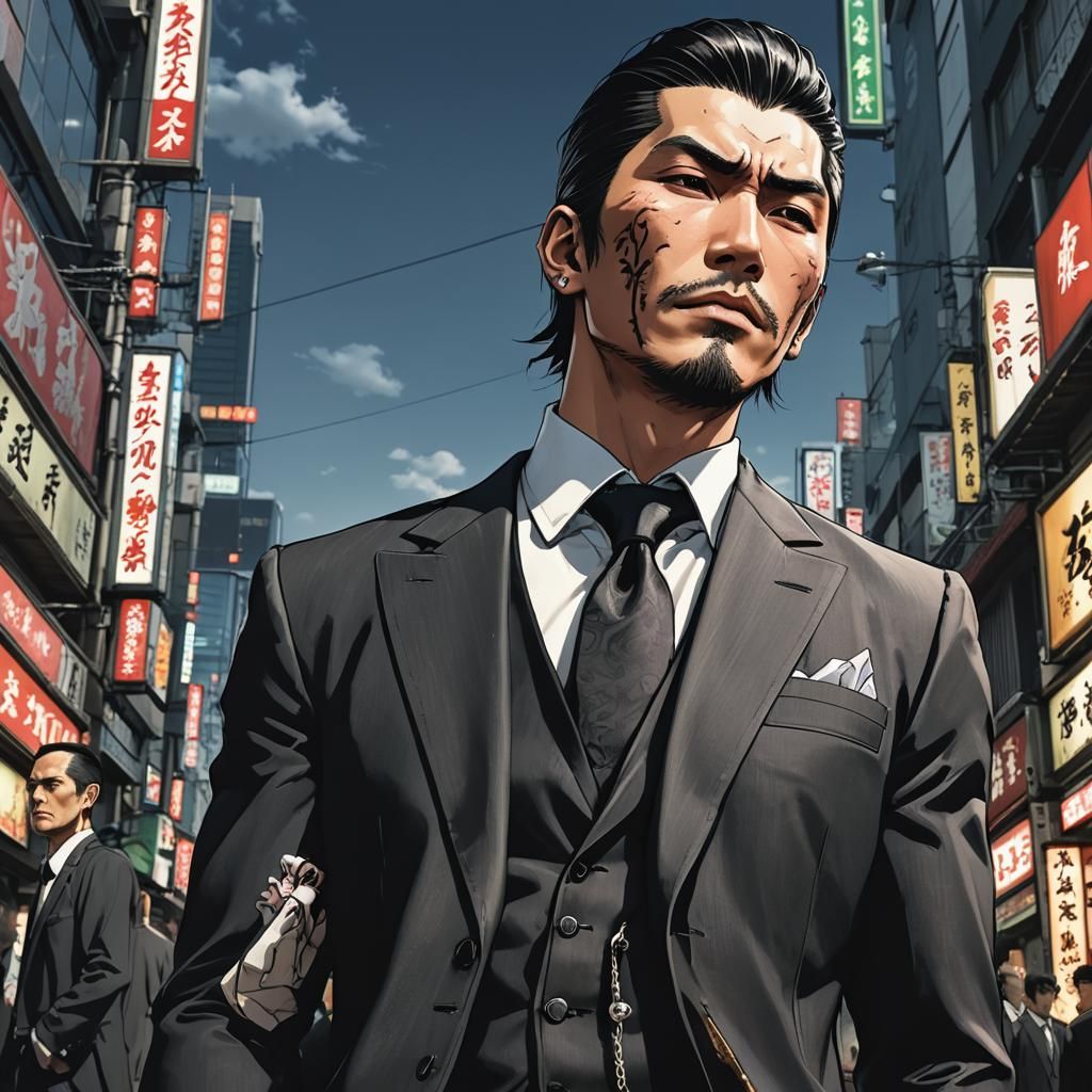 Yakuza in Black Suit, Anime Style Low Angle View