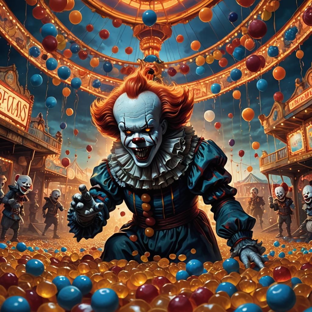 Pennywise Surrounded by Gummy Bears in Dark Carnival