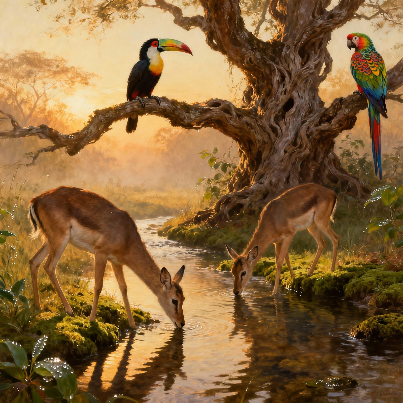 Gazelles at Sunrise with Hornbill and Parrot - Oil Painting