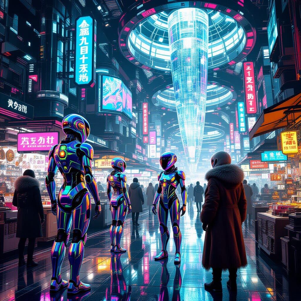Cyberpunk Marketplace Inside Colossal Rocket Ship