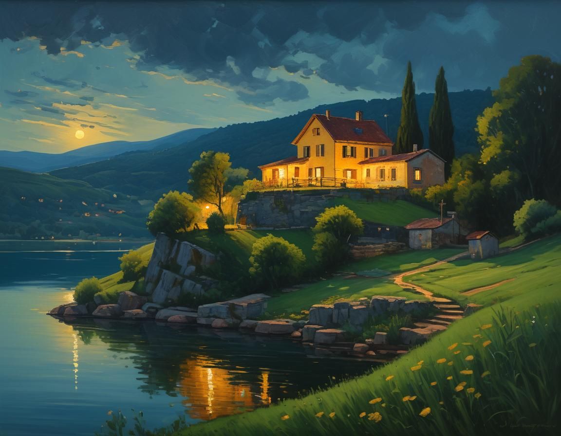 Serene Village House Overlooking Tranquil Lake as Oil Painti...