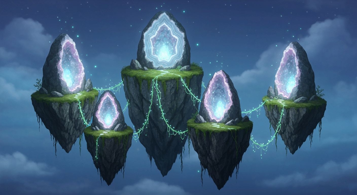 Floating Geode Islands in Ethereal Twilight Sky