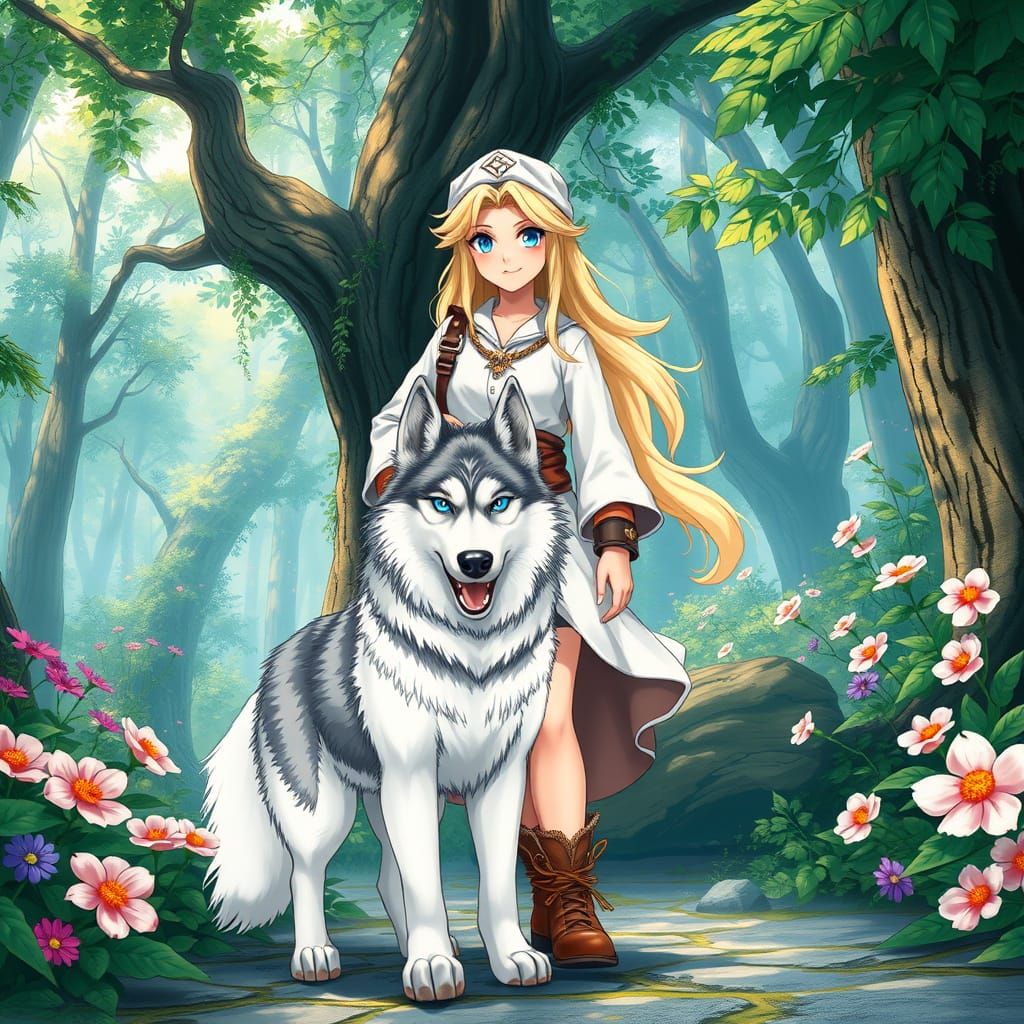 Majestic Girl and Her Loyal Husky in Vibrant Fantasy Forest