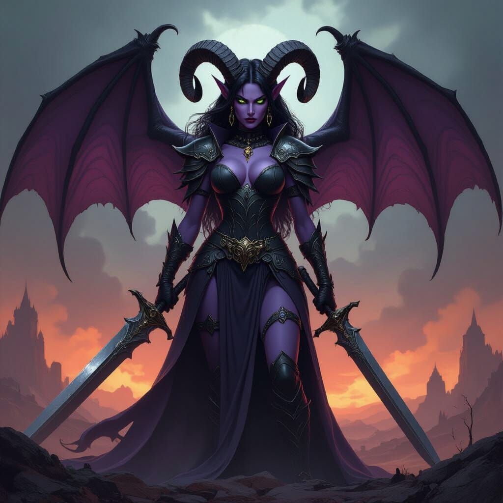 Lilac Demon General with Bat Wings and Sword