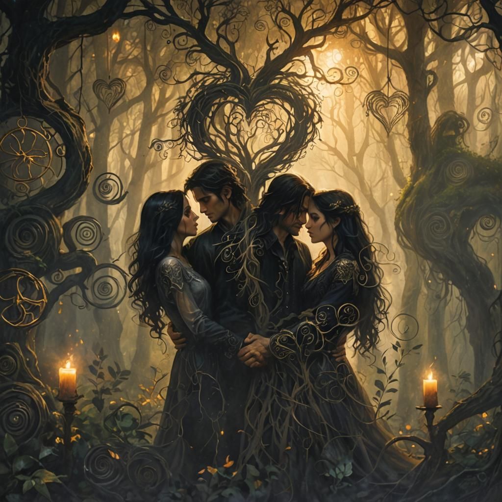 Mystical Forest Couple Embrace in Dark Fantasy Style