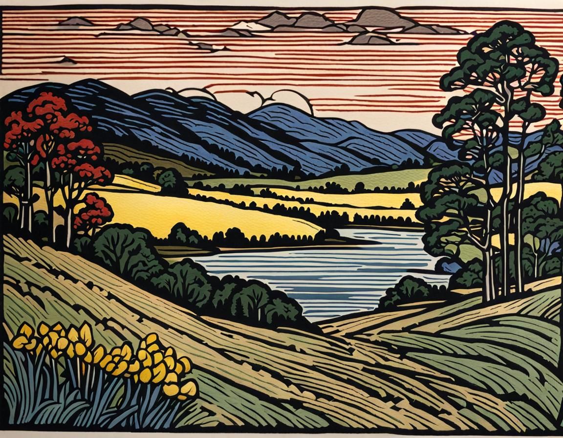 Hand-Colored Linocut Landscape Inspired by Gearhart