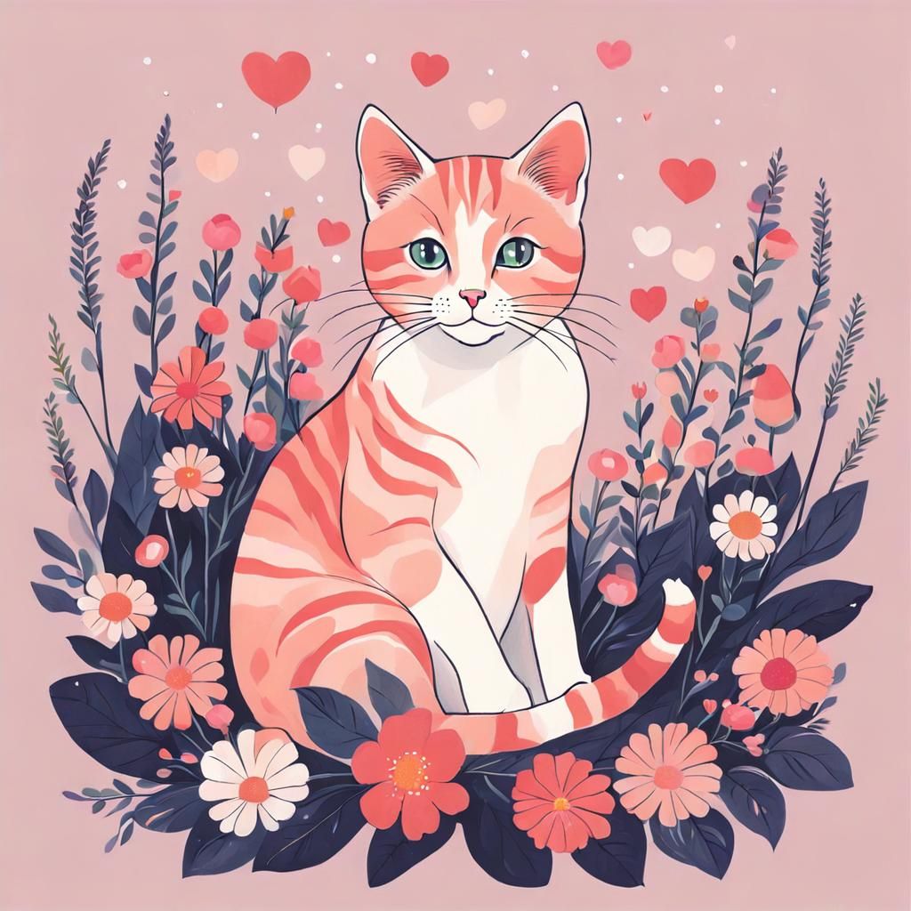 Cute Cat Surrounded by Flowers and Heart Lights