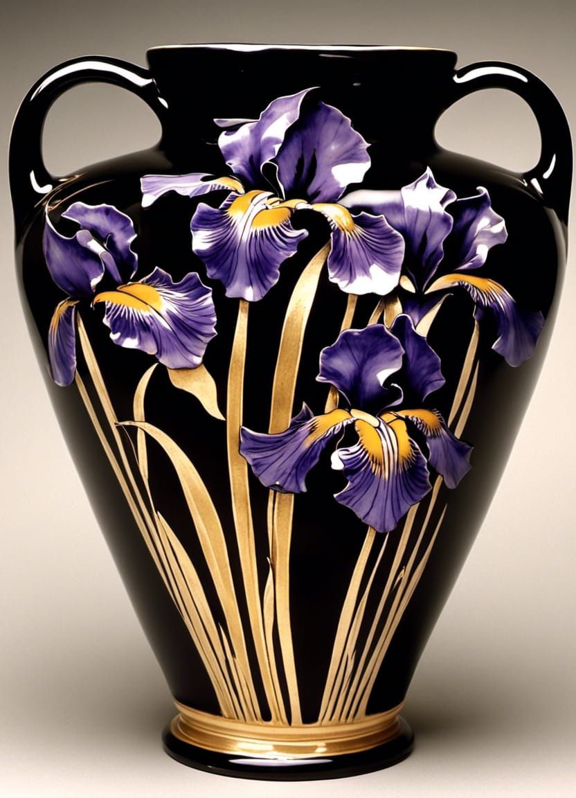 Japanese inspired Art Nouveau vase featuring a Purple Iris on "Black Iris" glaze, gilded.