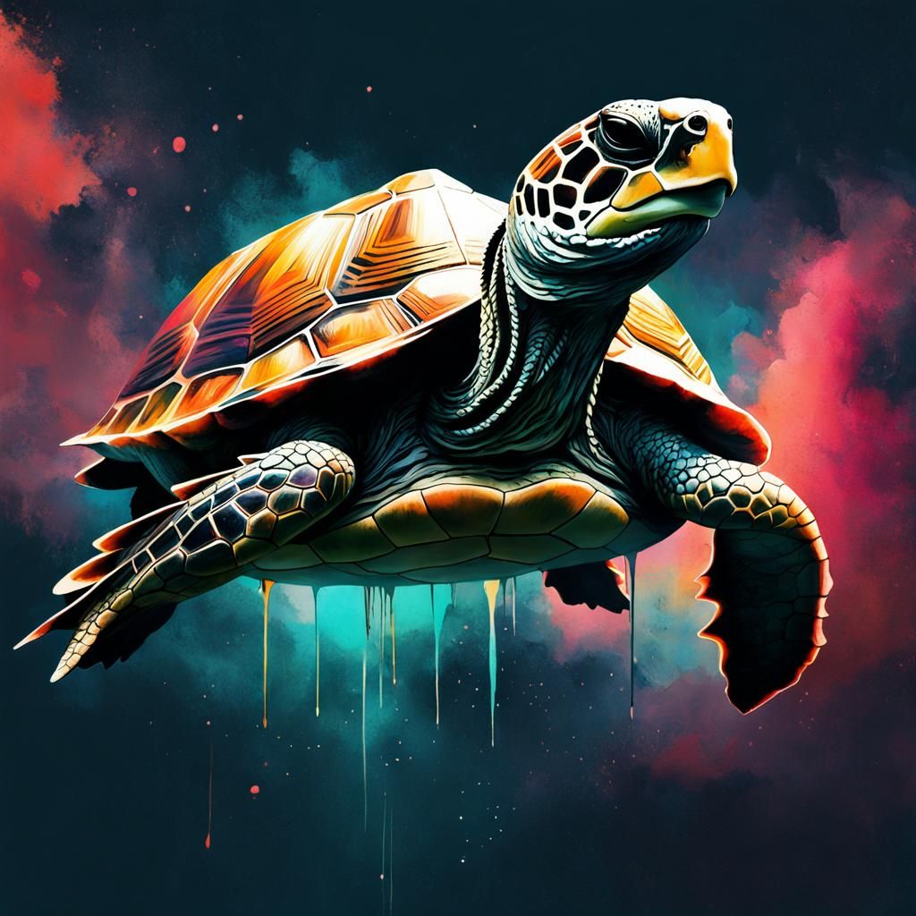 Surreal Floating Turtle Portrait in Grimdark Space