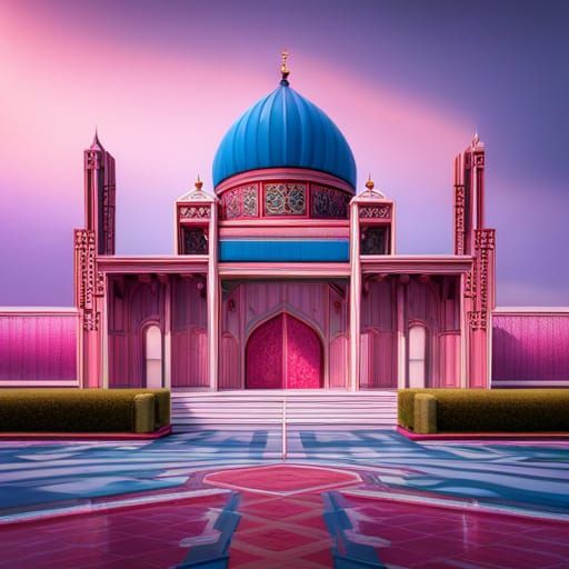 Bright Pink Mosque in Detailed Matte Painting Style