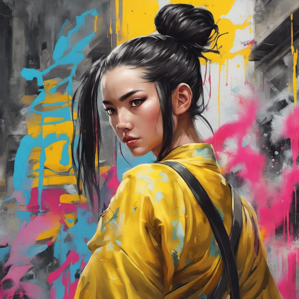 Oriental Woman Fighter in Graffiti Art Style