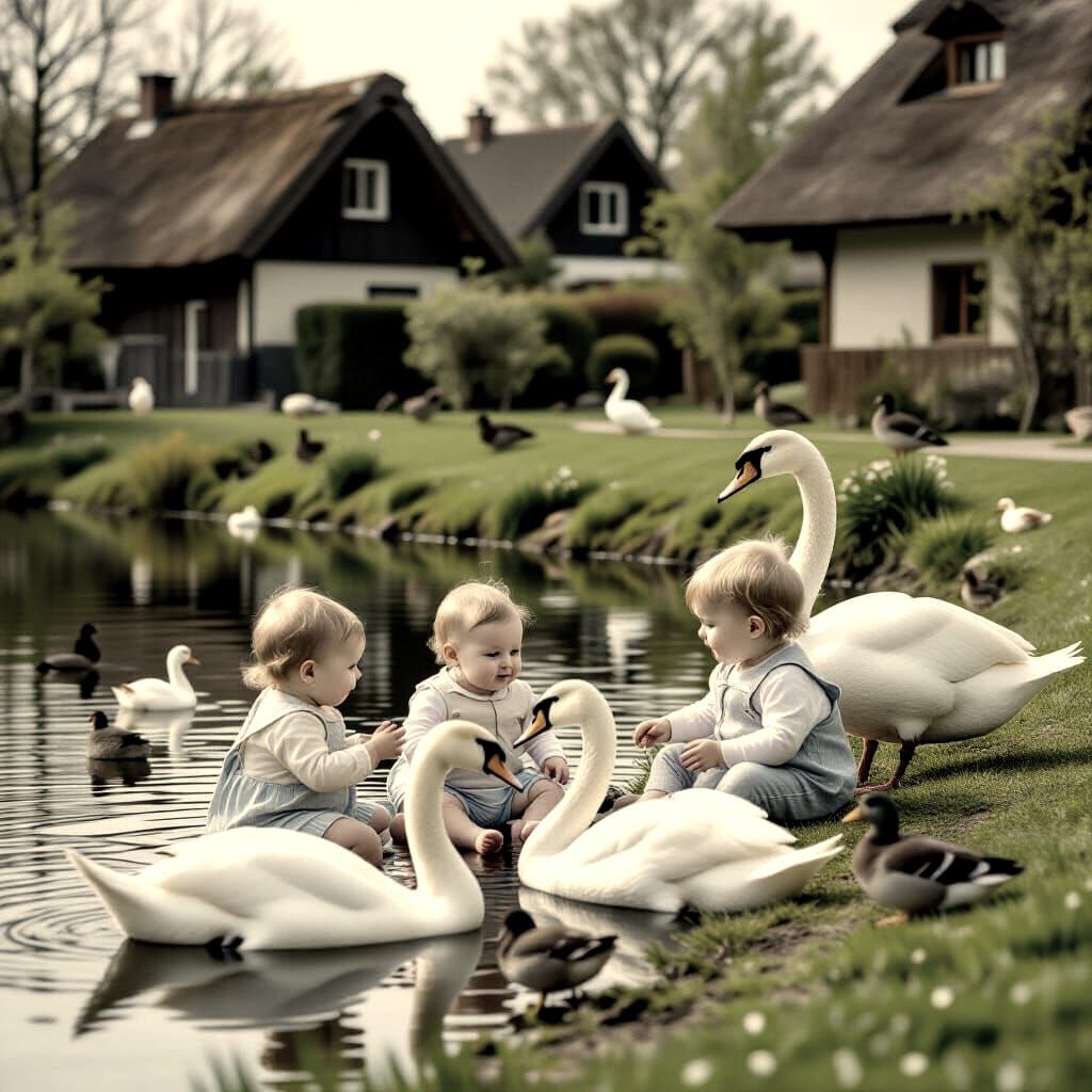 Babies Feeding Swans by Village Pond