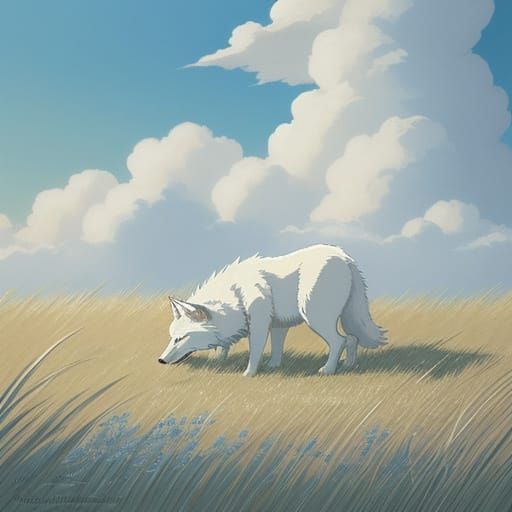 Whimsical Wolf in a Blue Sky with Gentle Clouds