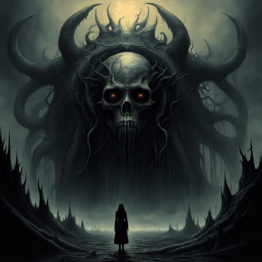 Surreal Woman with Dark Monster in Shadowy Landscape