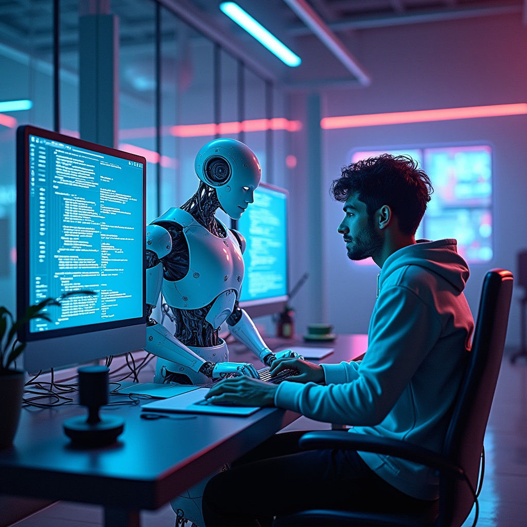 Futuristic Coder and AI Robot Collaborate in Neon Lab
