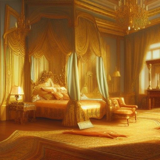 Opulent Royal Bedroom in Detailed Oil Painting