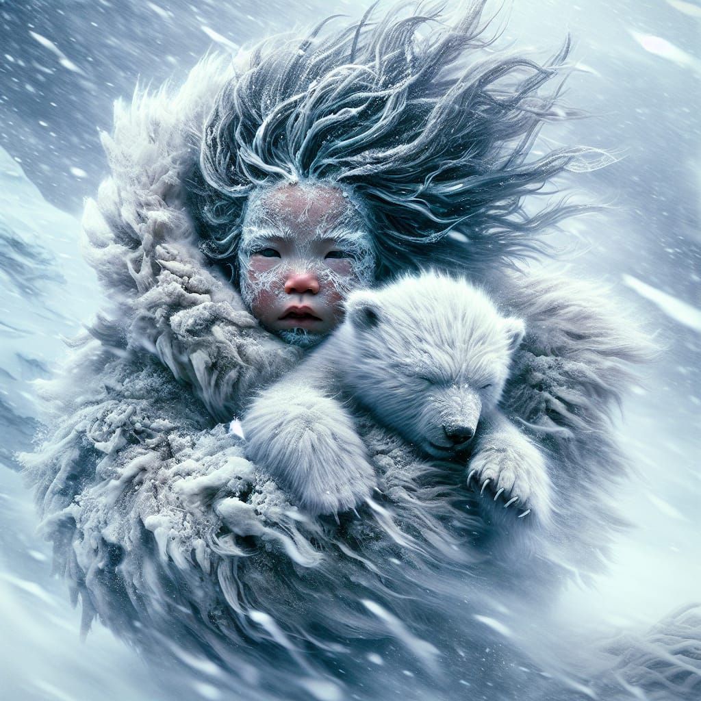 Inuit Baby Protected by Polar Bear in Snowstorm