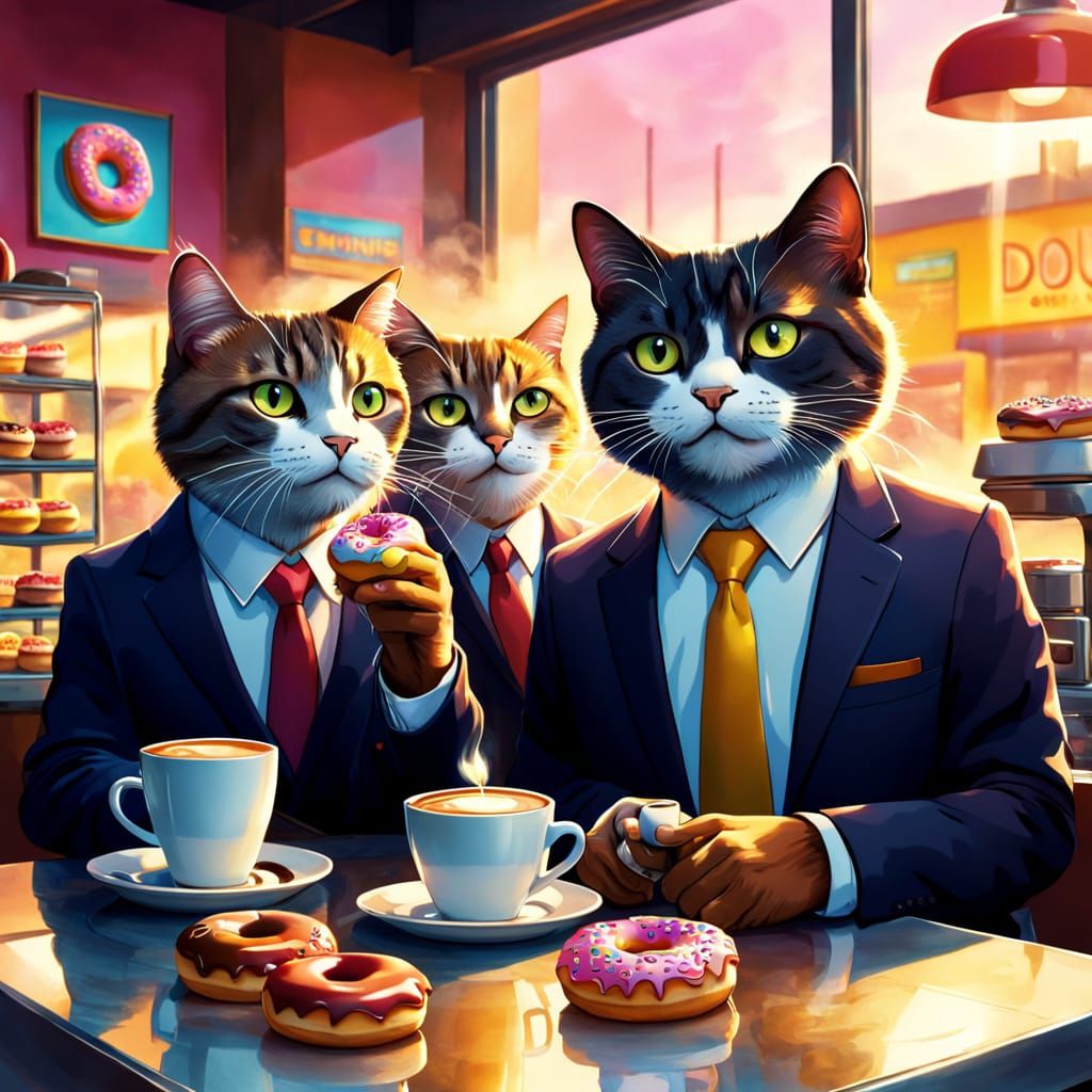 Cats in Suits: Coffee Break at Donut Shop