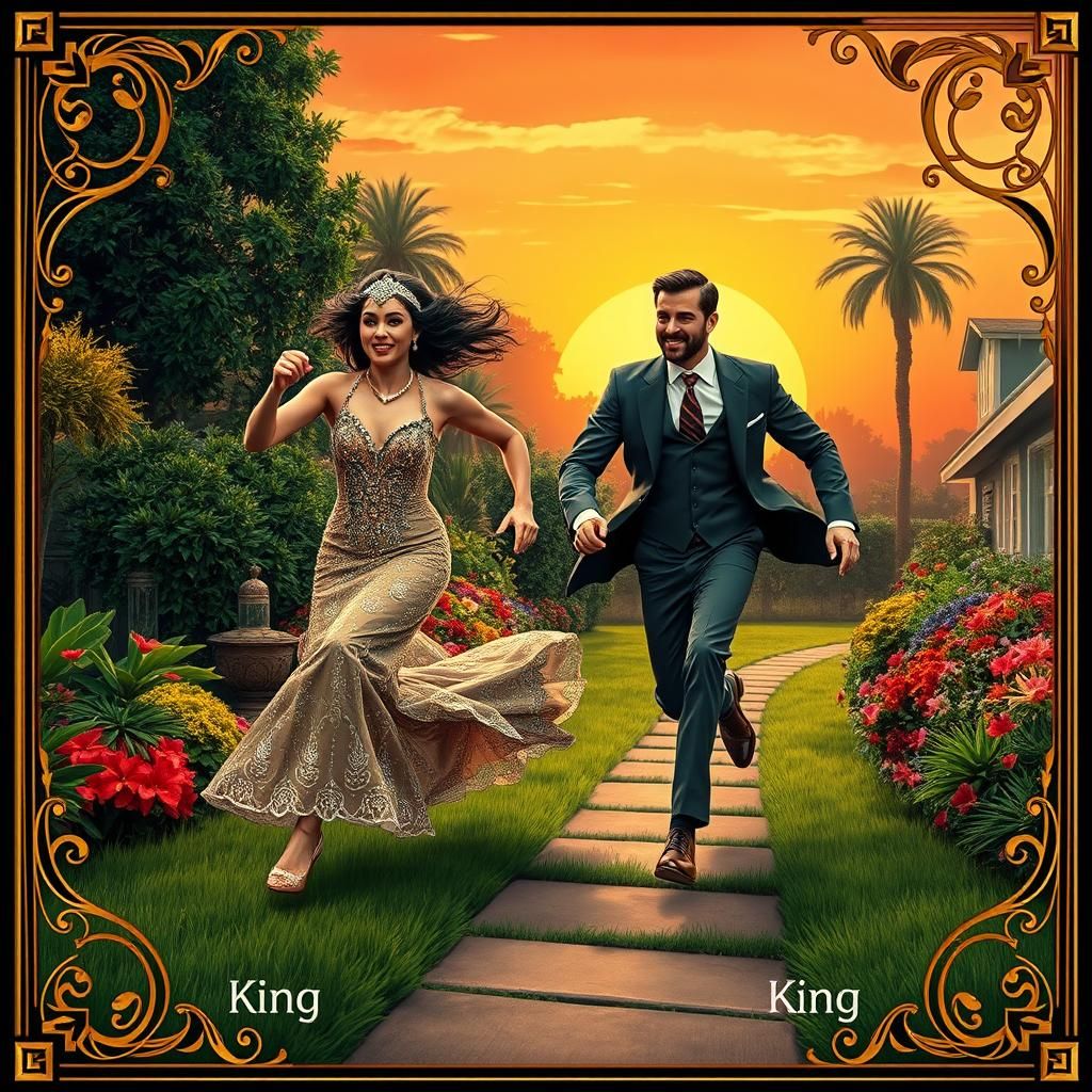 Regal Couple's Joyful Chase in Art Deco Style