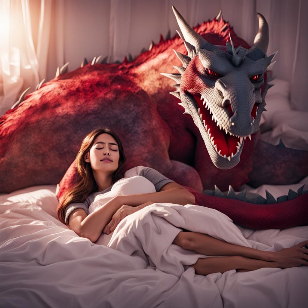 Woman Sleeping with Dragon Plushie