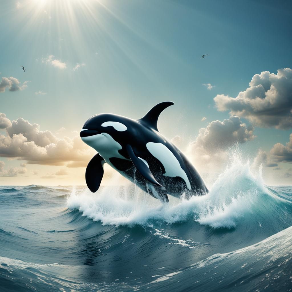 Killer Whale Surfing Waves on Summer Day