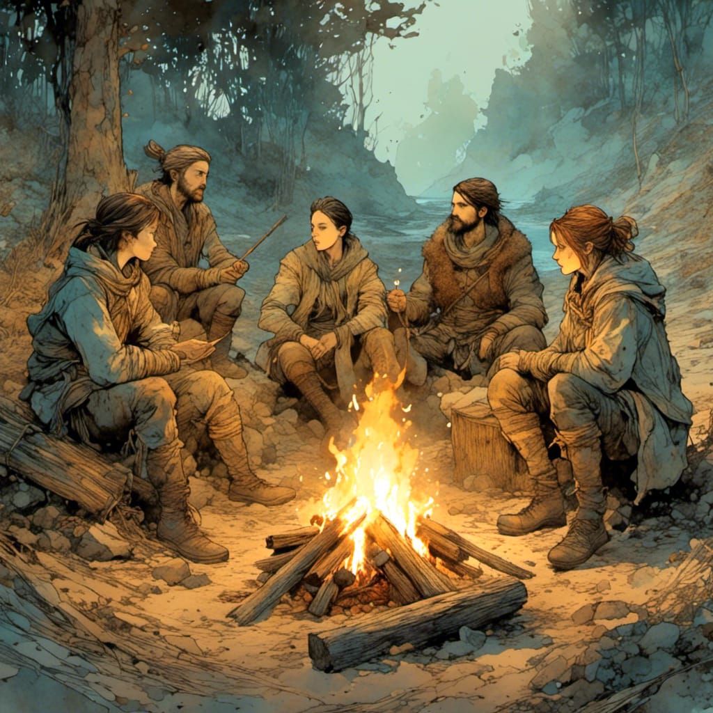 DND Adventurers Around Campfire: Detailed Scene
