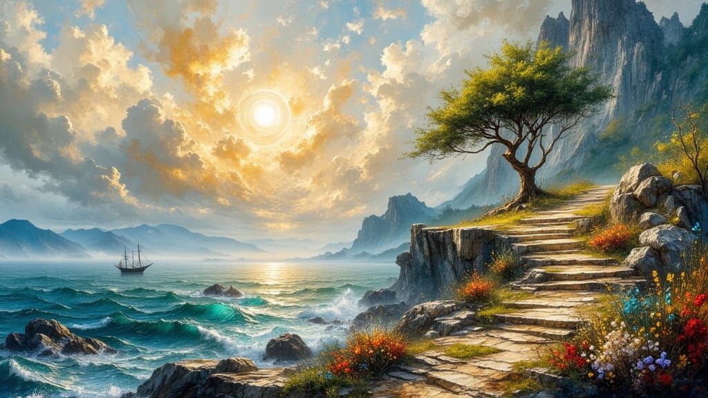 Korean Coast: Textured Oil Painting Dreamscape