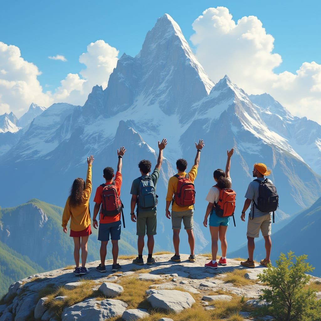 Diverse Youth Celebrate on Mountain Peak in Vibrant Colors