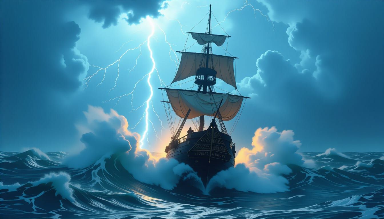 Man-O-War Ship in Atlantic Storm, Matte Painting