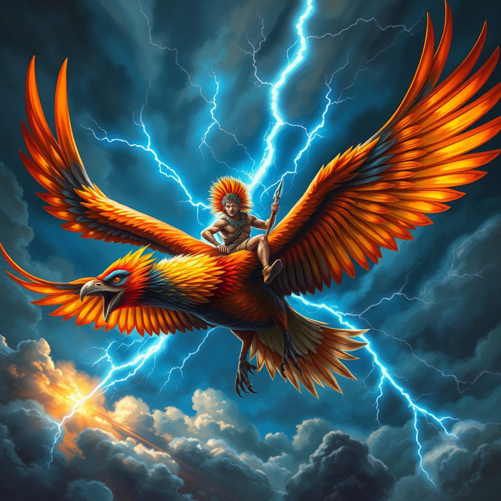 Phoenix Warrior Soaring Through Stormy Sky