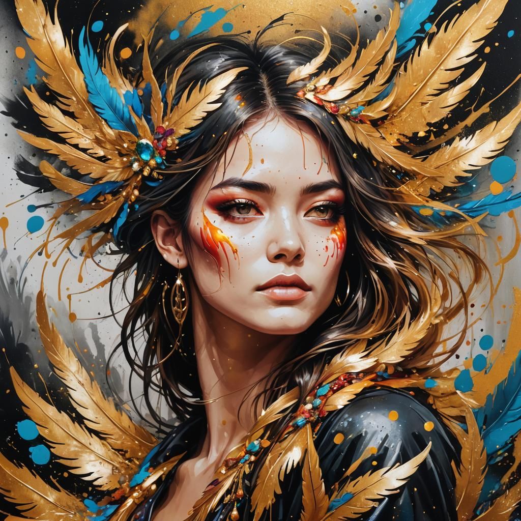 Woman with Phoenix Feathers in Graffiti Art Style