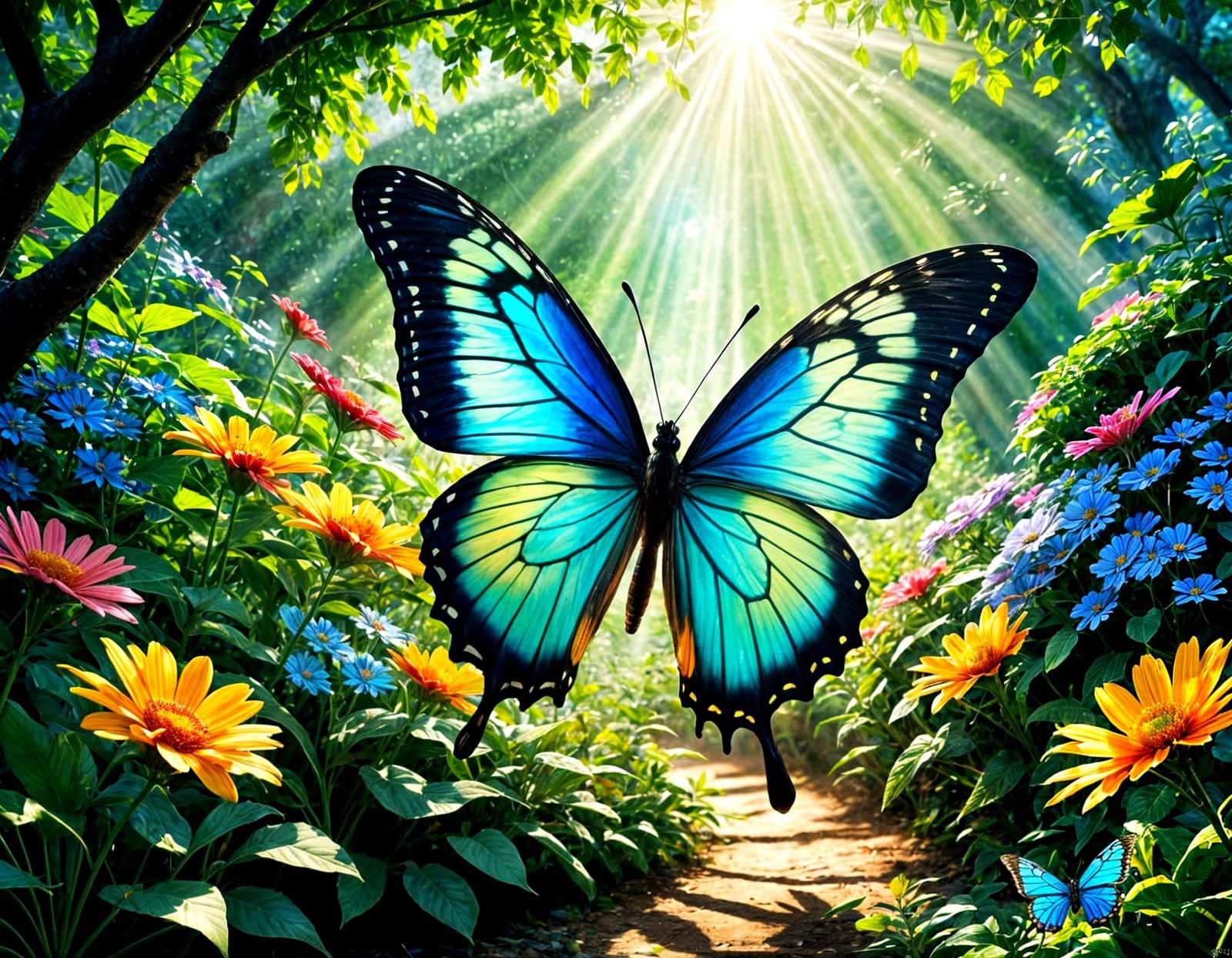 Vibrant Butterfly in a Rainbow Garden