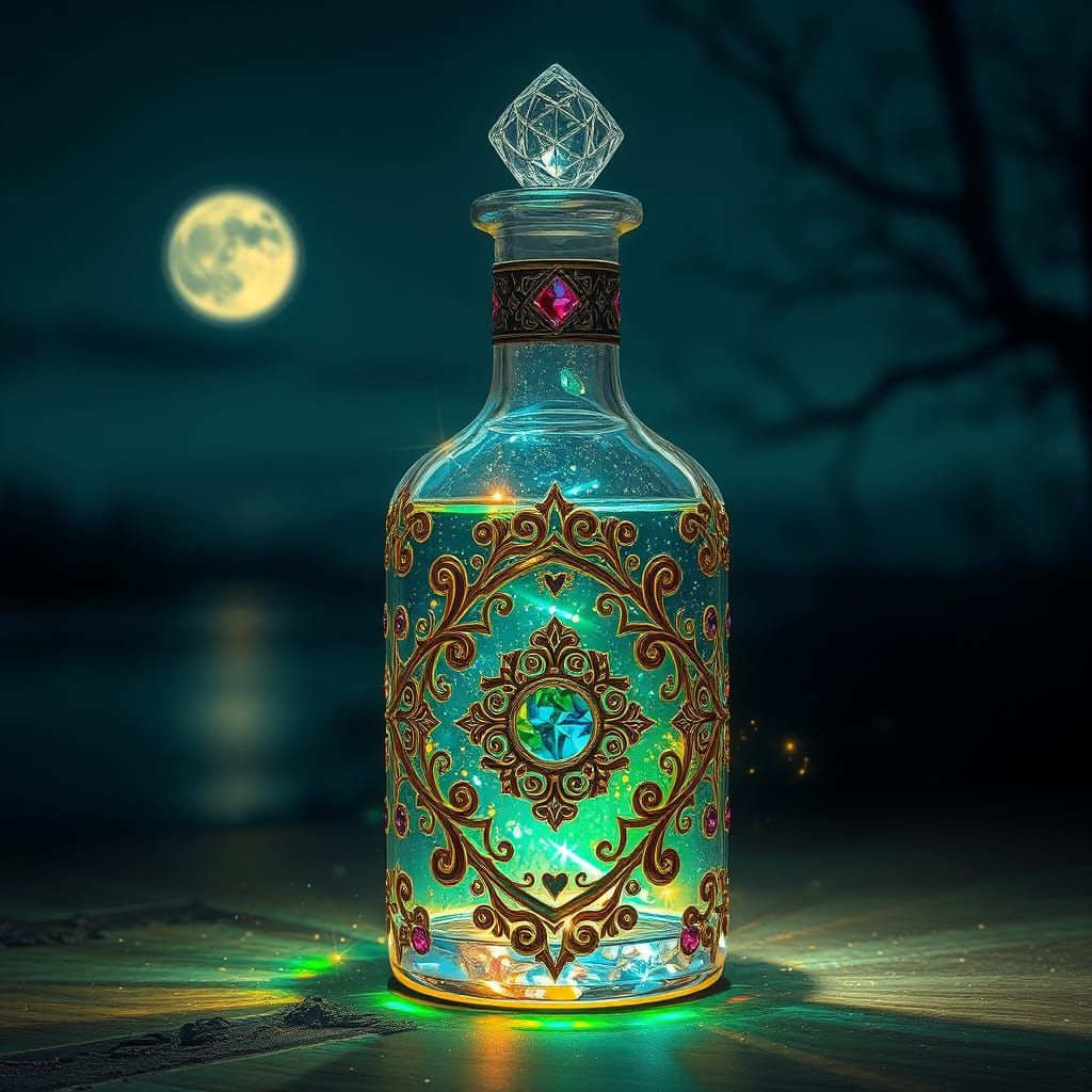 Mystical Elixir in Crystal Bottle with Golden Filigree