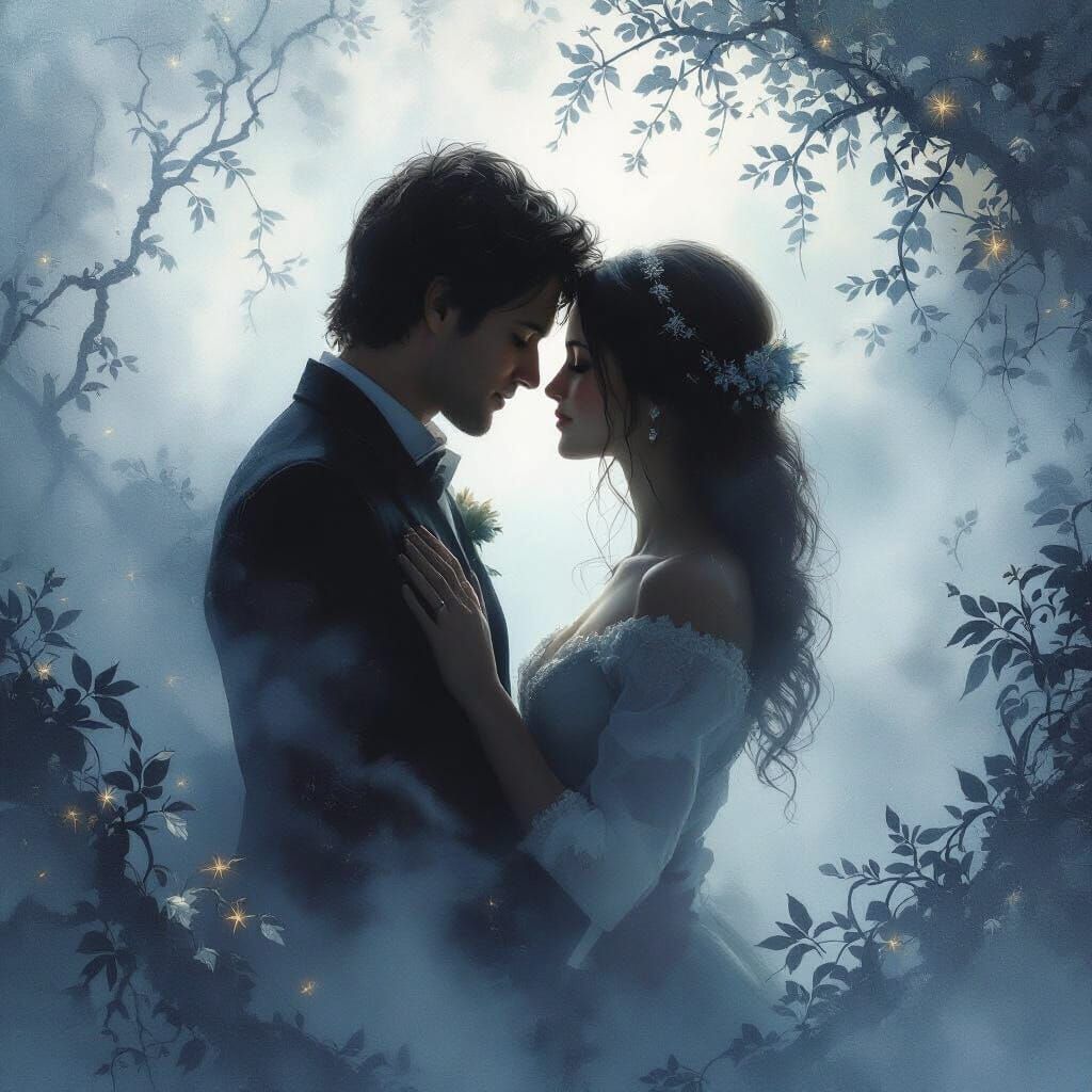 Ethereal Shadows of Lovers in Misty Landscape