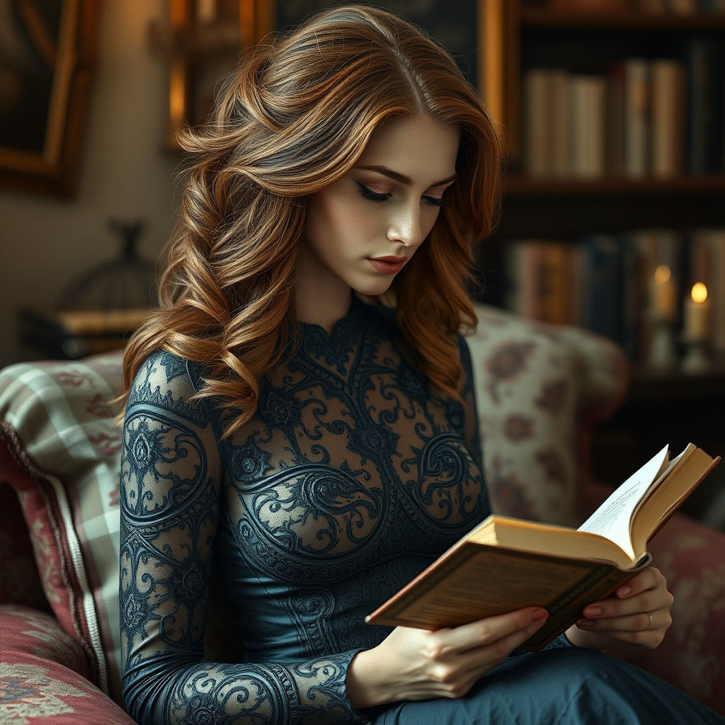 Hyperrealistic Woman Reading in Cozy Room