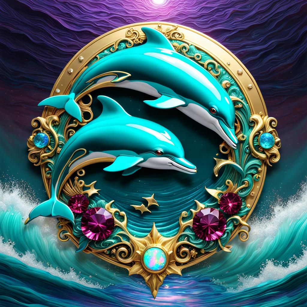 Steampunk Dolphins Swimming in Foaming Waves