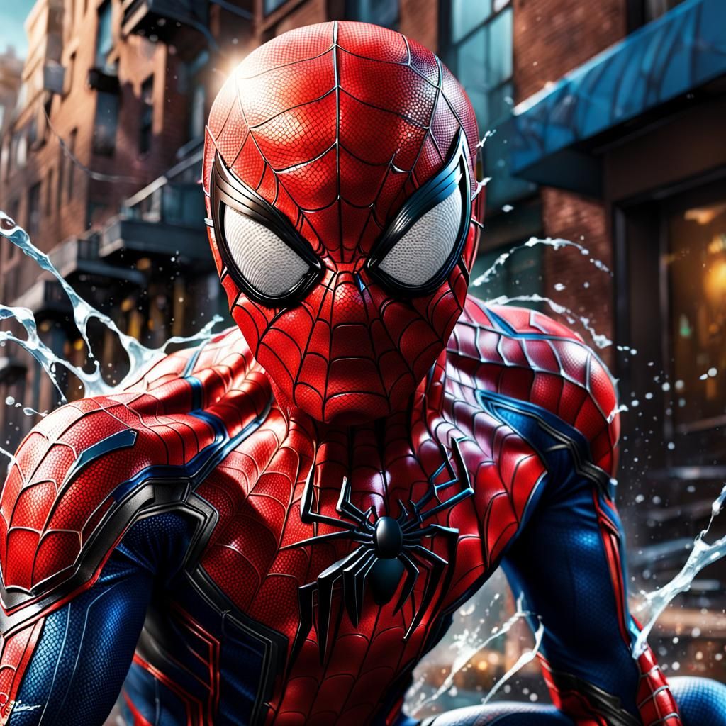 Spiderman in New Suit: Hyperrealistic Splash Art