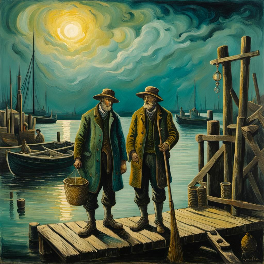 Fishermen on the Docks as Oil Painting