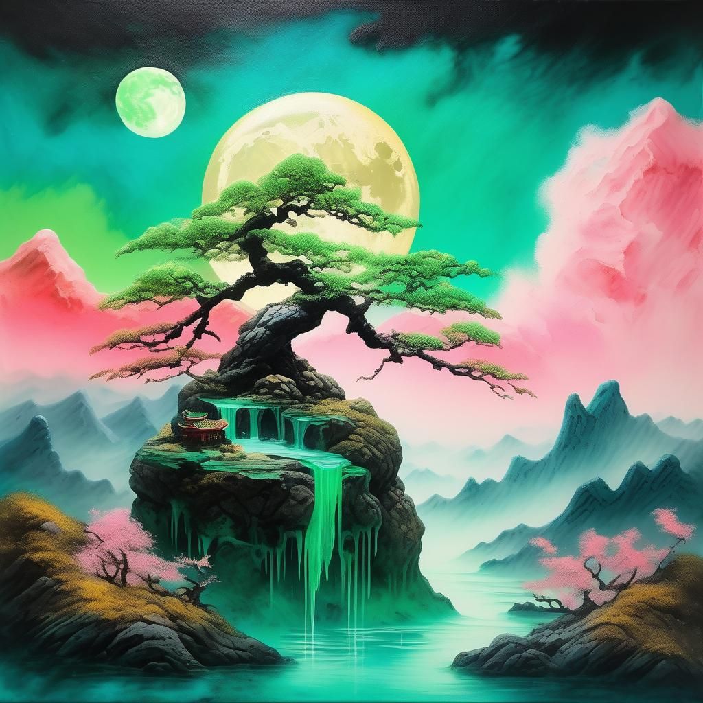 Heavenly Bonsai Vista in Surrealist Style