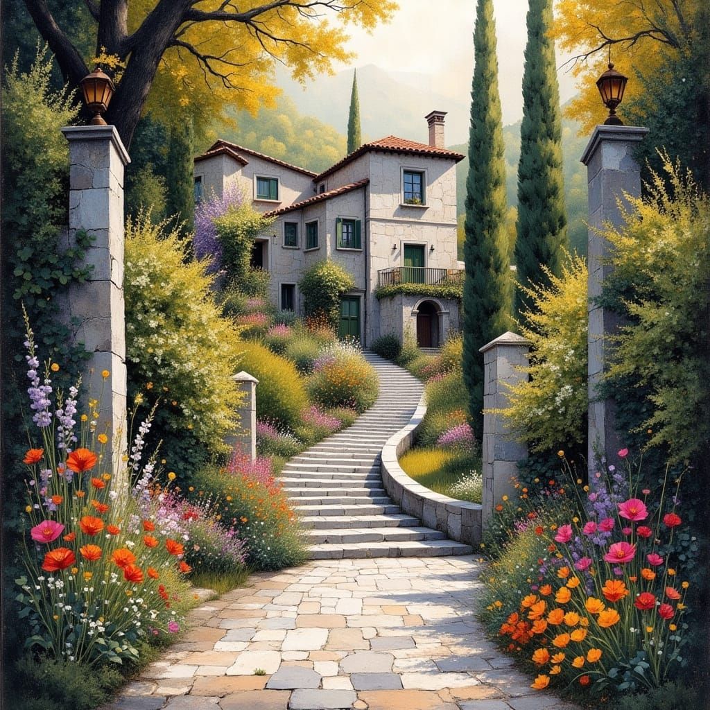 European Garden Path at Golden Hour as Collage Art